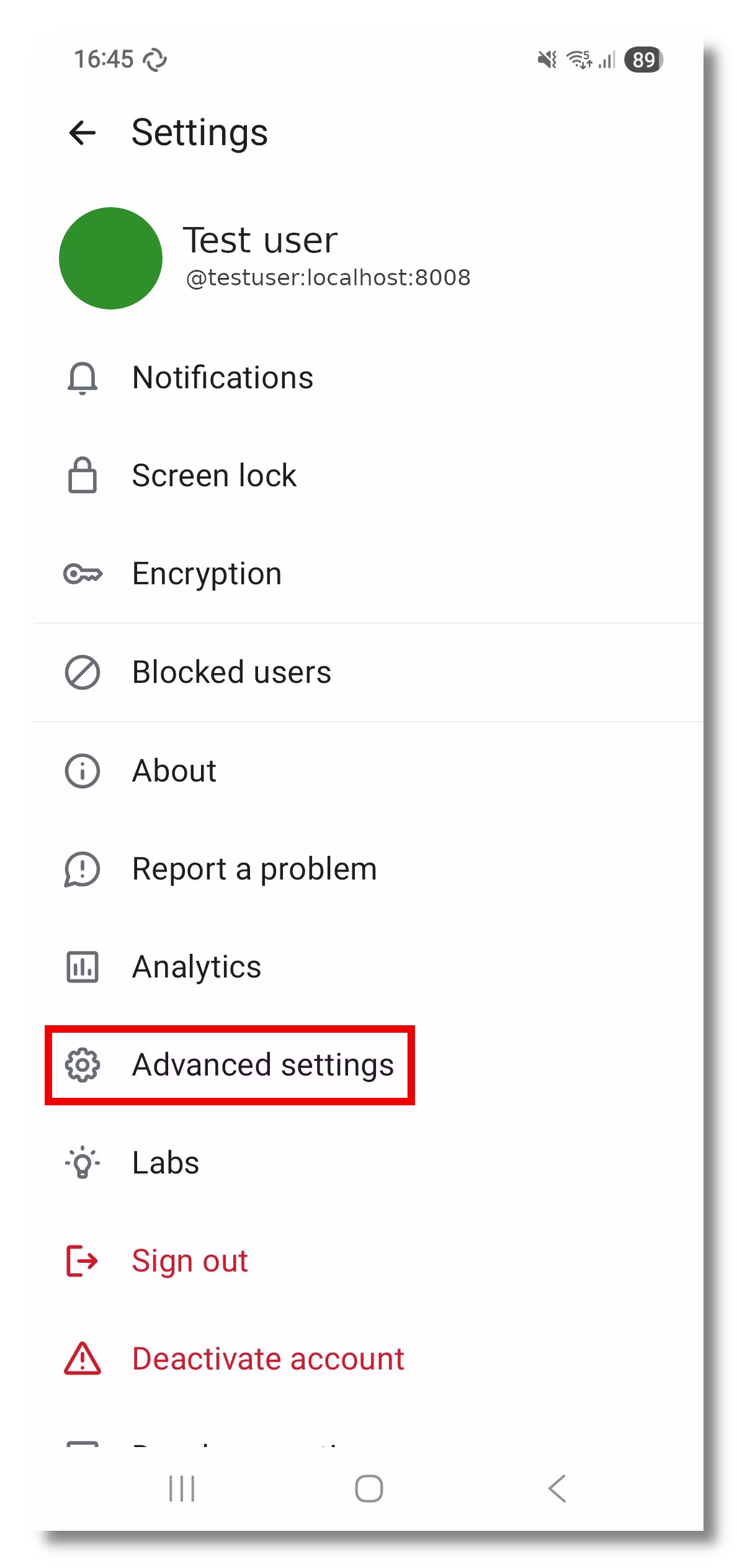 Element X's Settings screen, with Advanced settings highlighted.